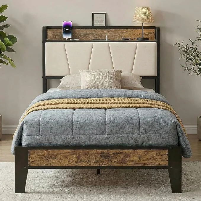 Excellent LIKIMIO Twin Bed Frames with Storage Headboard amp Charging Station Upholstered Headboard Storage Shelf Solid and Stable Noise No Box Spring Needed Easy Assembly Walnut and Beige Premium