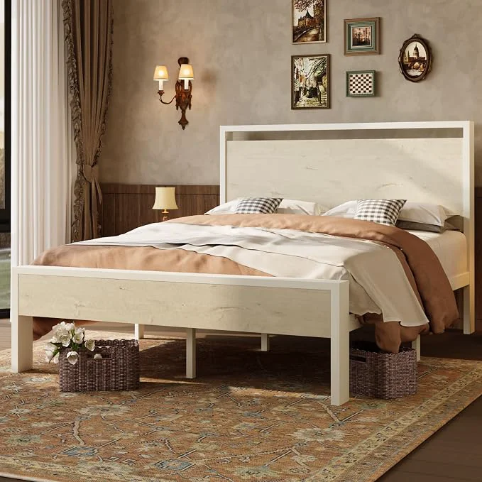 High-Performance SHA CERLIN 14 Inch Full Metal Platform Bed Frame with Wooden Headboard and Footboard No Box Spring Needed Large Under Bed Storage Heavy Duty Slats Support White Washed Oak Lightweight