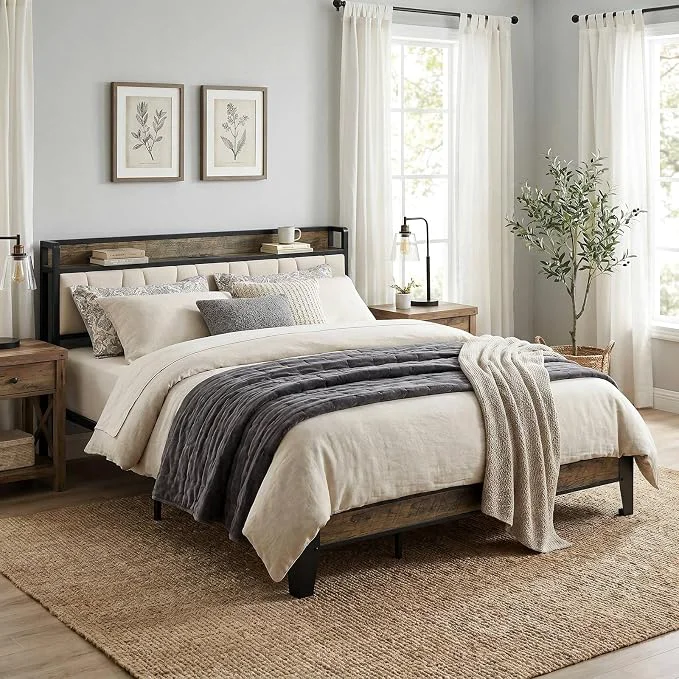 High-End LIKIMIO California King Bed Frame Storage Headboard with Charging Station Solid and Stable Noise No Box Spring Needed Easy Assembly Walnut and Beige World-Class