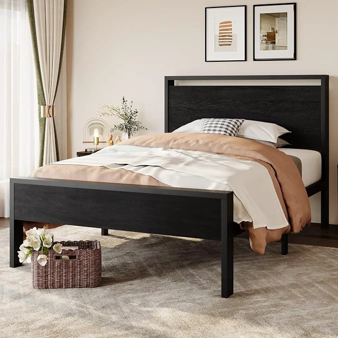 Smooth SHA CERLIN 14 Inch Twin Size Metal Platform Bed Frame with Wooden Headboard and Footboard Mattress Foundation No Box Spring Needed Large Under Bed Storage Heavy Duty Slats Support Black Oak Artisan