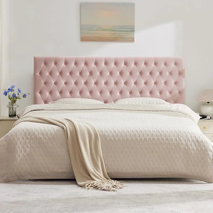 Fast Upholstered Queen Headboard Only Premium Velvet Button Tufted Headboards Adjustable Solid Wood Head Board Padded Headboard with Solid Wood Legs in Bedroom Pink Top-Quality