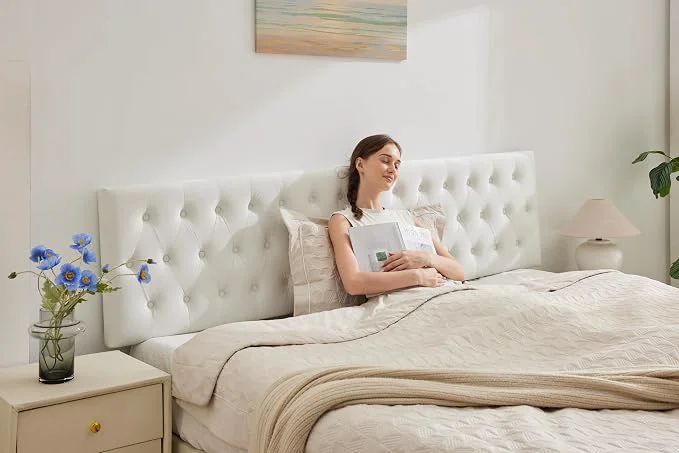 Tufted Upholstered Queen Size Bed Headboard in Modern Button Design Adjustable Solid Wood Head Board Premium Velvet Fabric Padded Headboards in Bedroom White Excellent