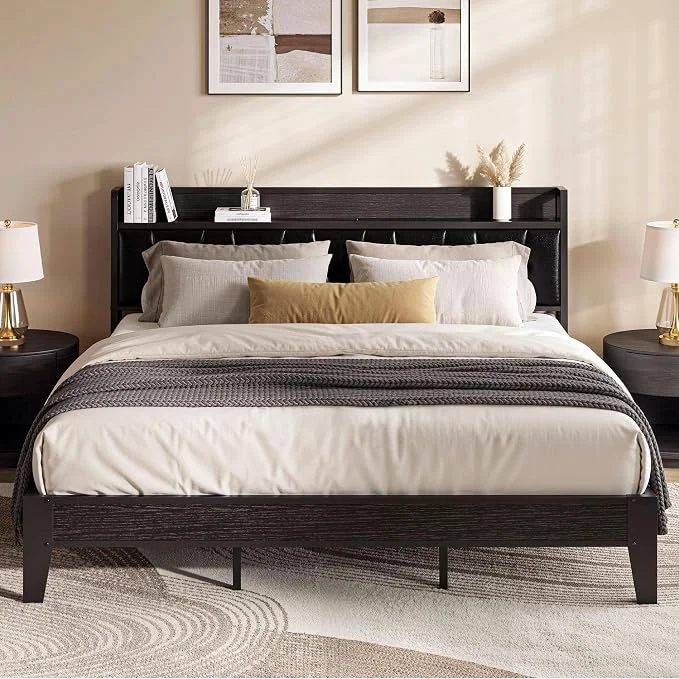 Genuine LIKIMIO California King Bed Frame PU Leather Storage Headboard with Charging Station Solid and Stable Noise No Box Spring Needed Easy Assembly Black Fine Crafted