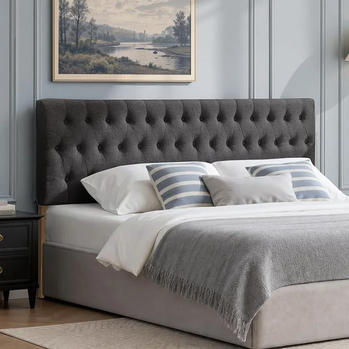 Exceptional Tufted Upholstered Full Size Bed Headboard in Modern Button Design Adjustable Solid Wood Head Board Premium Linen Fabric Padded Headboards in Bedroom Dark Grey Reusable