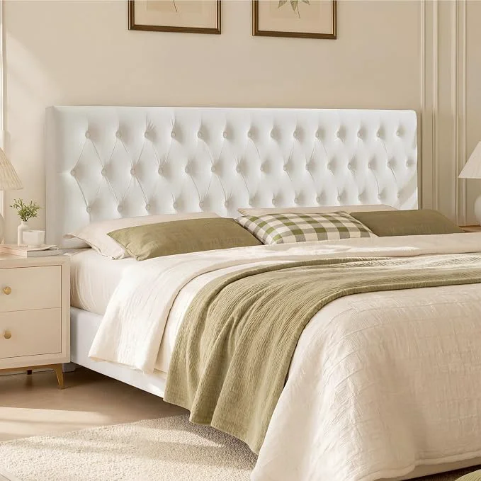 Casual Tufted Upholstered King Size Bed Headboard in Modern Button Design Adjustable Solid Wood Head Board Premium Velvet Fabric Padded Headboards in Bedroom White Professional