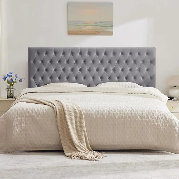 Fine Crafted Upholstered Queen Headboard Only Premium Velvet Button Tufted Headboards Adjustable Solid Wood Head Board Padded Headboard with Solid Wood Legs in Bedroom Gray Detailed