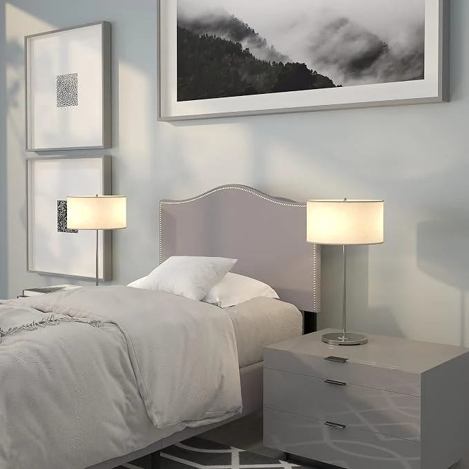 Enhanced EMMA OLIVER Upholstered Twin Size Headboard with Nailtrim in Light Gray Fabric Professional