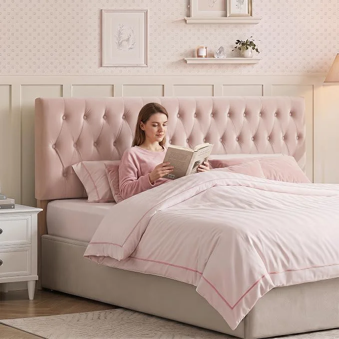 Luxury Tufted Upholstered King Size Bed Headboard in Modern Button Design Adjustable Solid Wood Head Board Premium Velvet Fabric Padded Headboards in Bedroom Pink Traditional