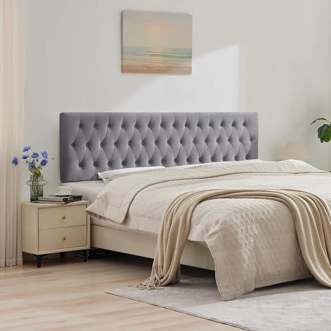 Tufted Upholstered Queen Size Bed Headboard in Modern Button Design Adjustable Solid Wood Head Board Premium Velvet Fabric Padded Headboards in Bedroom Gray Queen Outstanding