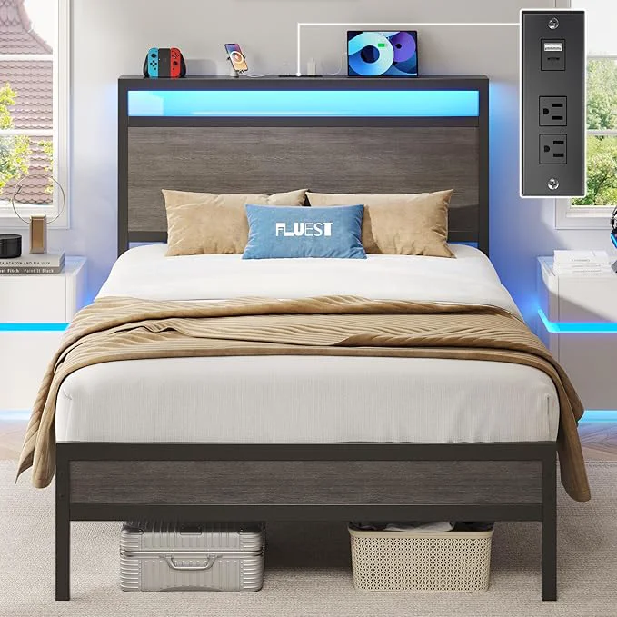 Modern Fluest Twin Bed Frame with Headboard amp Footboard Twin Bed Frame with Charging Station amp LED Light Under-Bed-Storage No Box Spring Needed Noise Easy Assembly Rustic Grey Secure