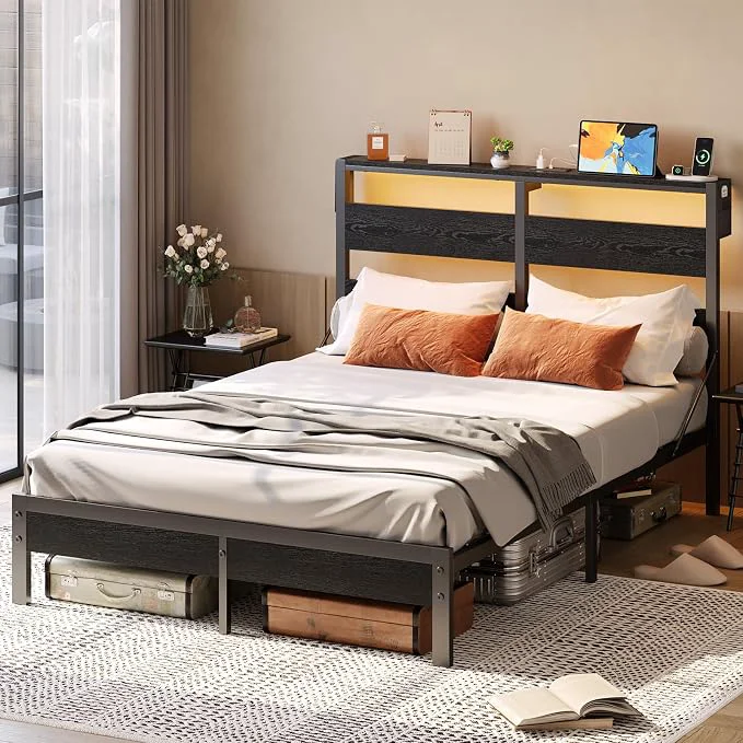 Lightweight ier Queen Size Bed Frame with Headboard and Charging Station Black Queen Bed Frame with LED Light Non-Slip Platform Bed Frame Queen Size Noise- Easy Assembly Black Casual