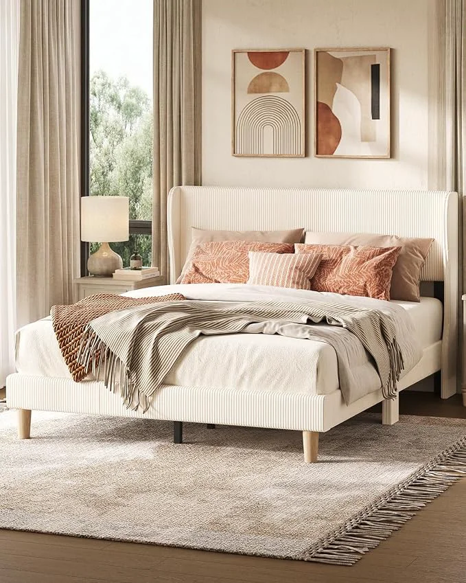 Comfortable ier Queen Bed Frame with Wingback Headboard Upholstered Beige Easy Assembly Wingback Headboard No Squeaks Vertical Channel Corduroy Upholstered Wooden Slats Support No Box Spring Needed Recyclable