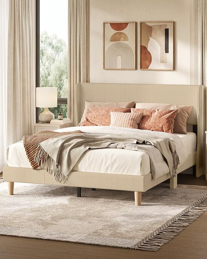 Modern ier Queen Bed Frame with Wingback Headboard Upholstered Taque Wingback Headboard Easy Assembly No Squeaks Vertical Channel Corduroy Upholstered Wooden Slats Support No Box Spring Needed Eco-Friendly