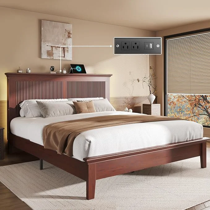 Safe Lifezone Queen Bed Frame with Headboard Solid Wood Bed Frame Queen Size with Charging Station amp RGB LED Wood Slats Support Noise- Sturdy Structure Easy Assembly Mahogany Natural