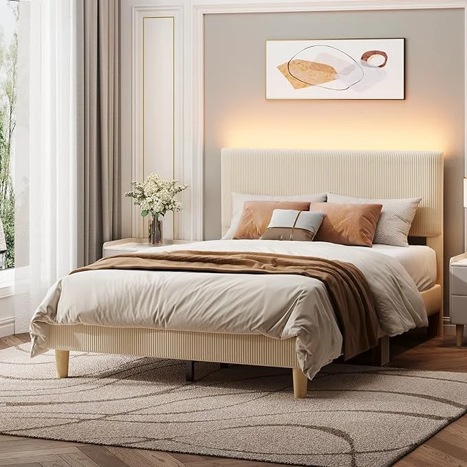 Authentic ier Full Bed Frame with Adjustable Headboard LED Light Beige LED Lighting Headboard Easy Assembly No Squeaks Vertical Channel Corduroy Upholstered Wood Slats Support No Box Spring Needed Functional