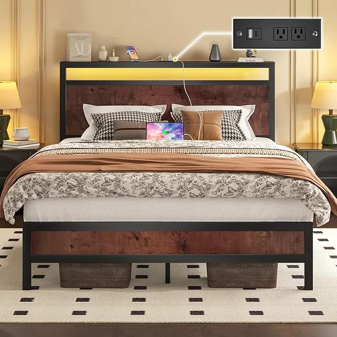 Smooth Fluest Full Bed Frame with Headboard amp Footboard Full Bed Frame with Built-in Charging Station amp LED Light Storage Shelf Noise- No Box Spring Needed Easy Assembly Coffee Brown Flexible