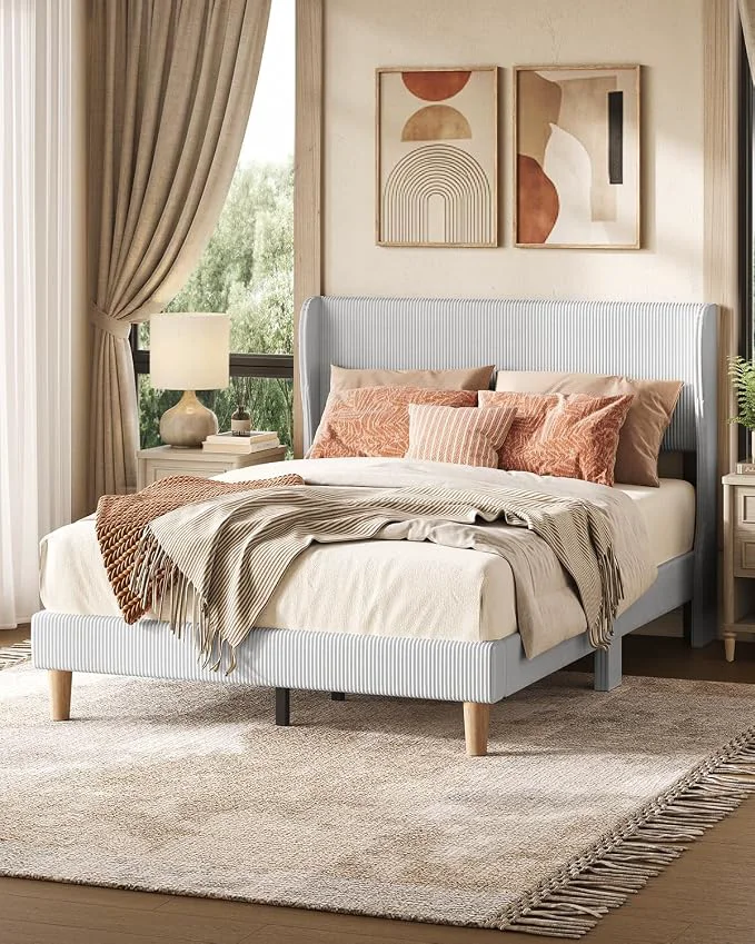 Convenient ier Full Bed Frame with Wingback Headboard Upholstered Light Grey Vertical Channel Corduroy Upholstered Easy Assembly Wingback Headboard No Squeaks Wooden Slats Support No Box Spring Needed Advanced