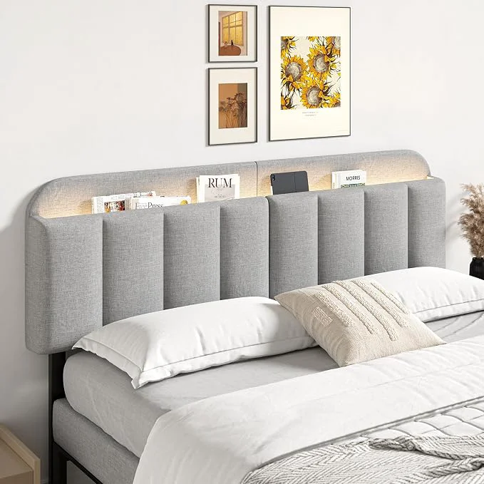 Excellent Adjustable Headboard for King California King Size Bed Frame Linen Fabric Bed Headboard with Storage amp RGB LED Light in Modern Vertical Channel Design Light Grey Healthy