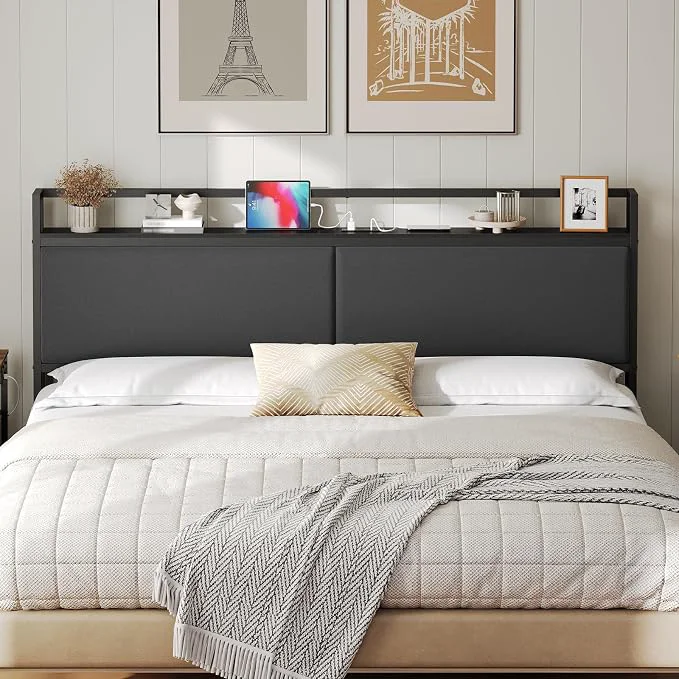 Outstanding King Size Headboard Only with Storage Shelves Upholstered Headboard with Charging Station Height Adjustable Sturdy and Stable Vintage Style Black Proven