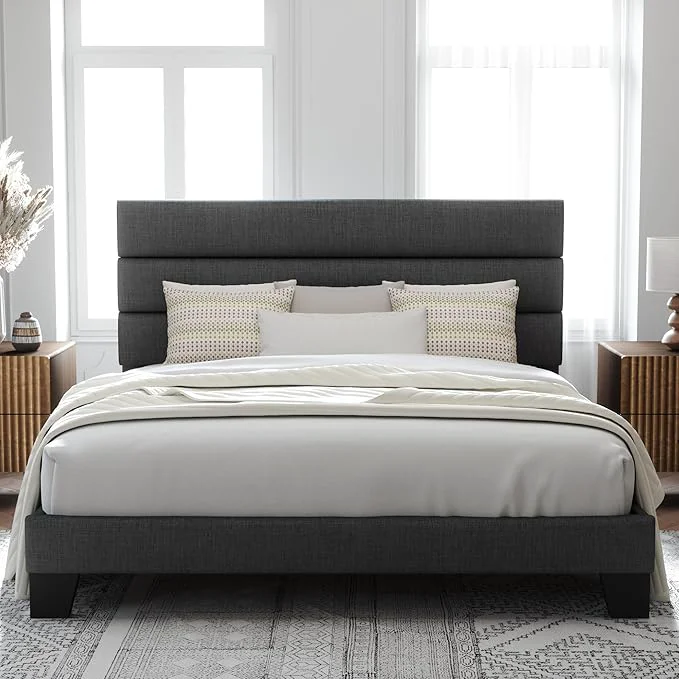 Fast Allewie King Size Platform Bed Frame with Fabric Upholstered Headboard Gray Wooden Slats Support Fully Upholstered Mattress Foundation No Box Spring Needed Easy Assembly Noise- Dark Grey Carefully Designed