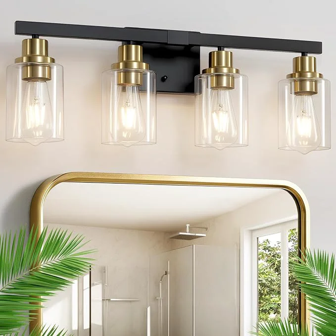 Artisan Bathroom Vanity Light 4-Light Black and Gold Bathroom Light Fixtures Luxury