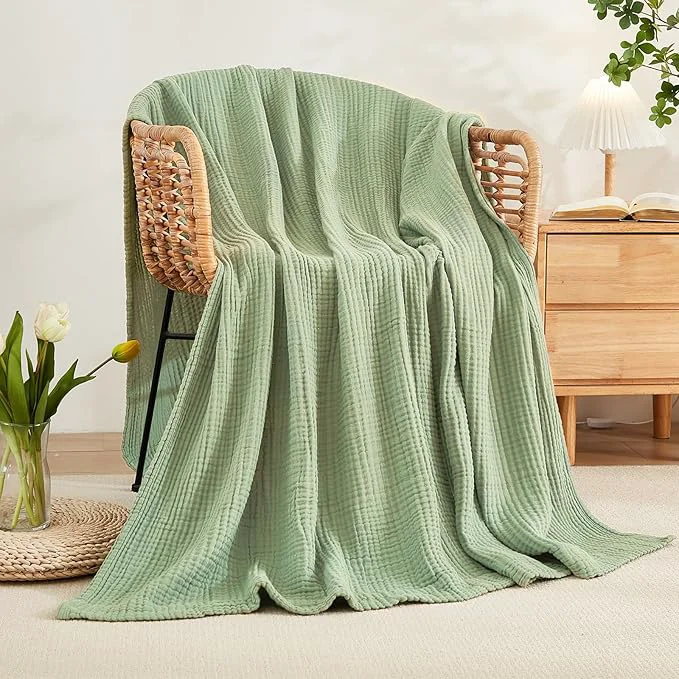 Relaxed EMME Cotton Twin Blanket for Couch Soft Airy Muslin Bed Blankets Lightweight Breathable Blanket All Season Gauze Blanket Sage Green Casual