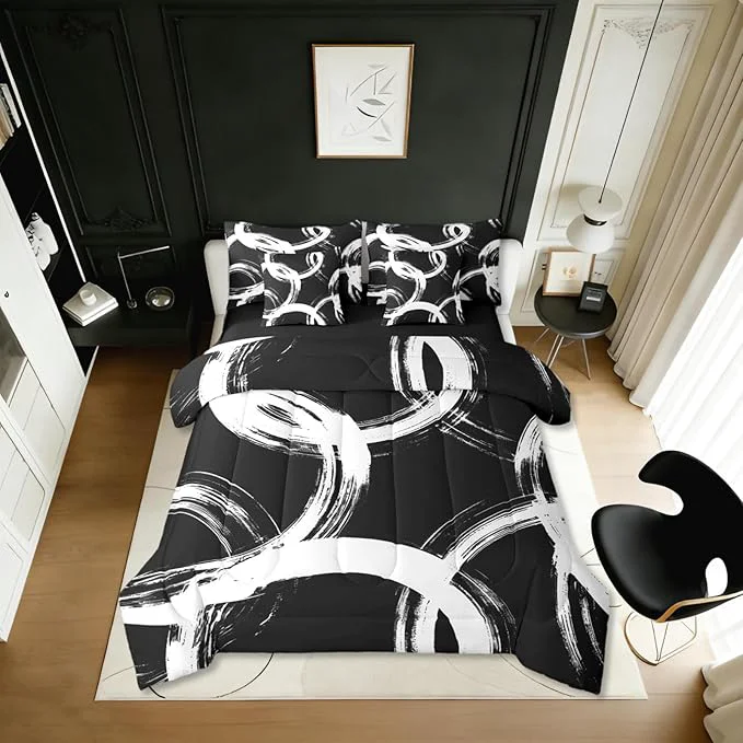 Dependable Erosebridal White and Black 7 Pcs Comforter Set King Abstract Line Minimalist Ink Painting Bedding Set for Kids Boys Girls Simple Graffiti Art Modern Geometric Sheet Set Boho Cool Unique Mens Quilt Long-Lasting