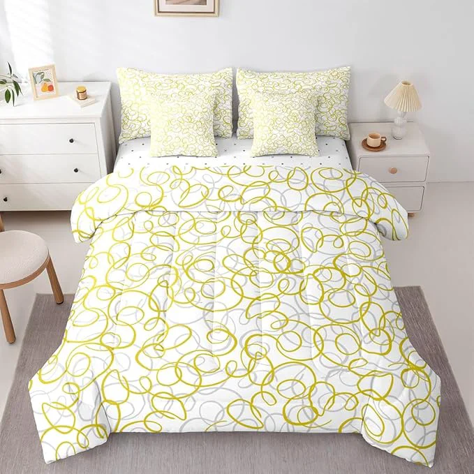 Classic Erosebridal Geometric 7 Piece Comforter Set Twin Bed in A Bag Yellow White Abstract Lines Bedding Set for Boys Girls Bedroom Modern Abstract Texture Quilt Contemporary Swirls Aesthetic Sheet Set Verified
