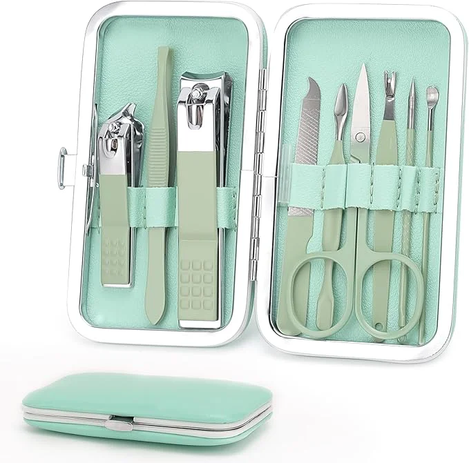 Refined Manicure Set Personal Care Nail Clipper Kit-9 Pieces Pedicure Set Grooming Kit Green