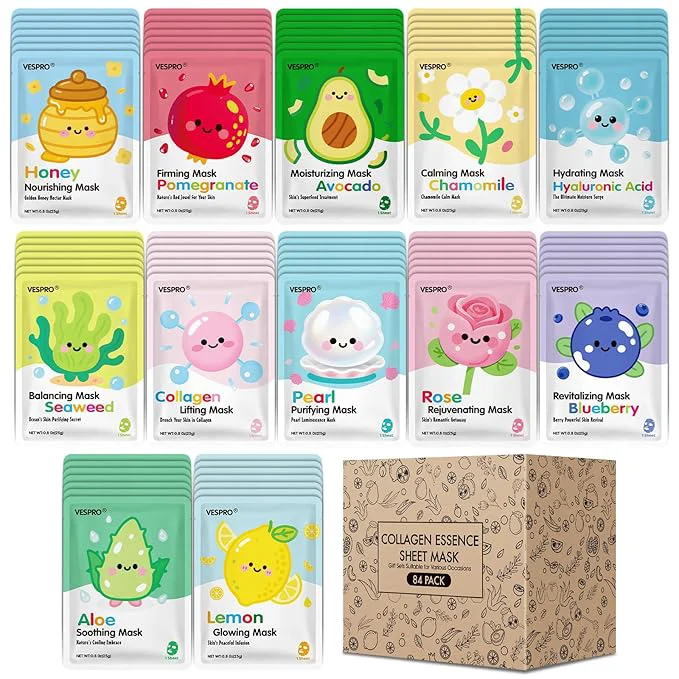 Top-Quality 84 Pack Bulk Sheet Face Masks Skin Care Hydrating and Moisturizing Collagen Classic