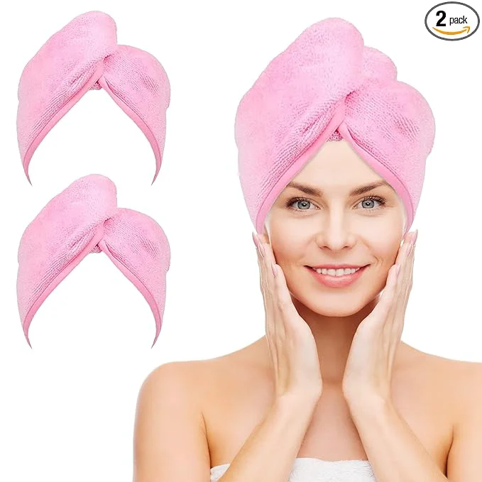 Innovative NEXCOVER Hair Towel Microfiber 2 Pack Pink 9.8 inch X 25.5 inch Hair Wrap Relaxed