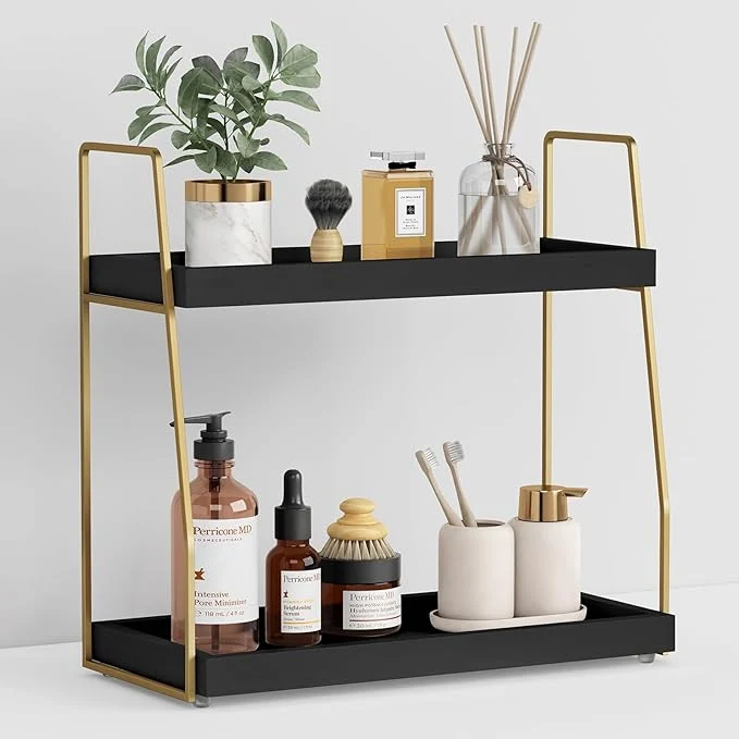 Luxury Forbena Black and Gold Bathroom Organizer Countertop 2 Tier Counter Organizer High-End