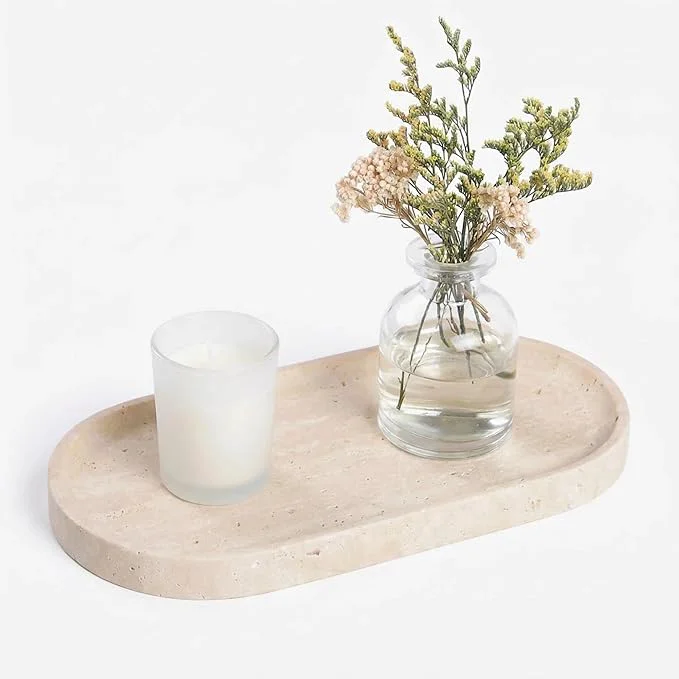 Trendy Beige Travertine Vanity Tray Natural Stone Bathroom Organizer Perfume Enhanced