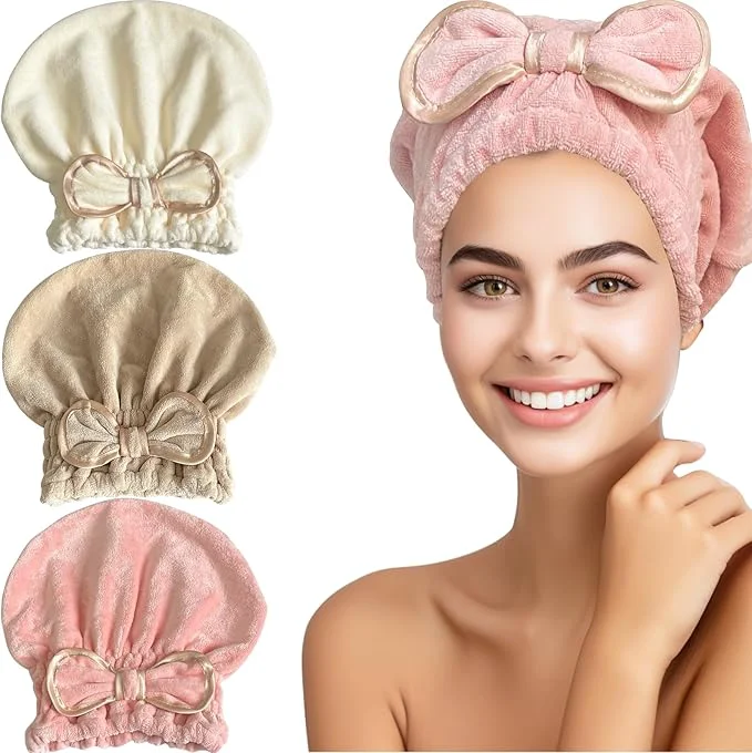 Elite Jseng Microfiber Hair Towel Caps 3 Packs Fast Drying Cute Bowtie Design High-End