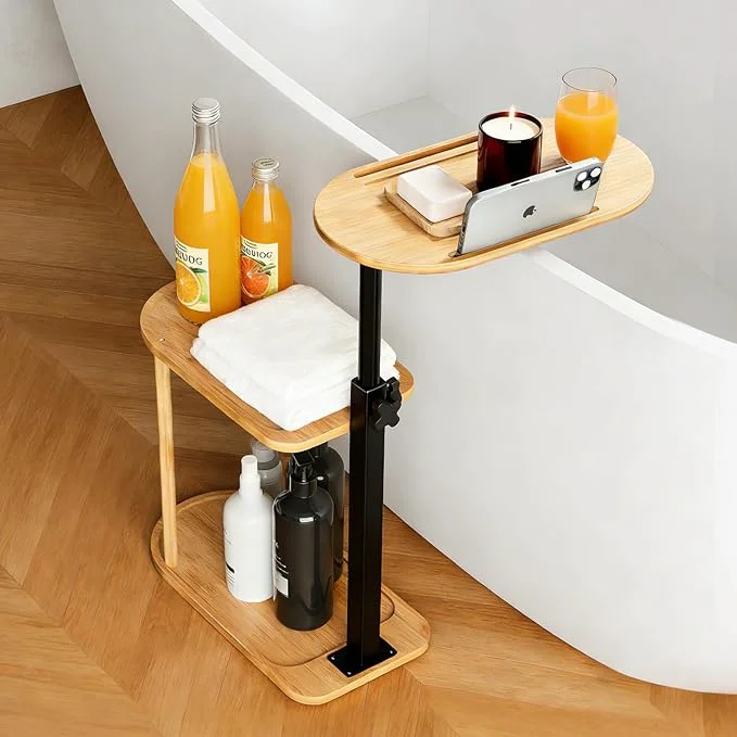 Specialty 3-Tier standing Bathtub Tray Table Adjustable Bamboo Bath Caddy Enhanced