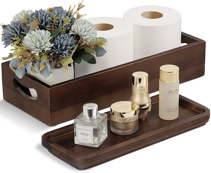 Flexible Handmade Toilet Tank Basket Topper Vanity Tray Set of Natural Acacia Wood by Reliable