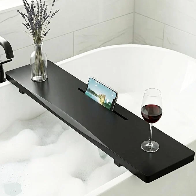 Durable Elegant Black Bamboo Bathtub Tray Caddy Detailed