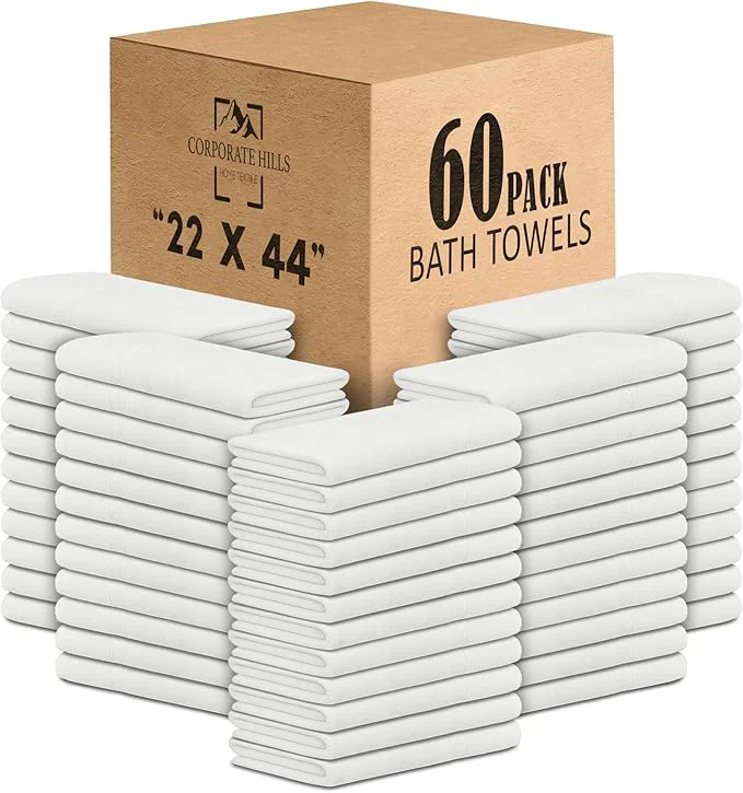 Official CH White Bath Towels Bulk Pack of 60 – Pure Cotton Lightweight Absorbent Proven