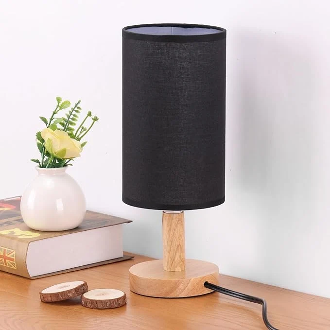 Efficient Black Small Bedside Table Lamp for Bedroom Natural Round Wood Base Fabric Traditional