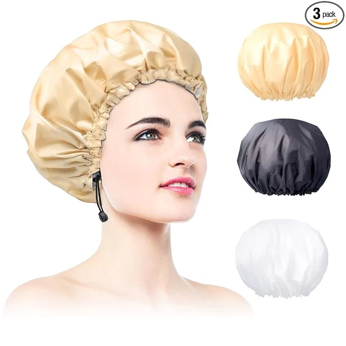 Powerful 3 Pack Extra Large Double Layer Adjustable Shower Caps Expertly Made