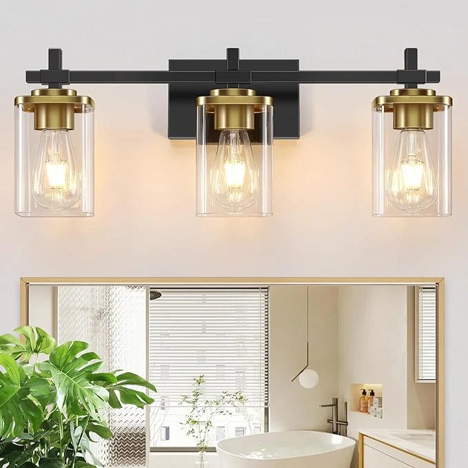 Fine 3-Lights Black and Gold Bathroom Light Fixtures Over Mirror Modern Brushed Organic