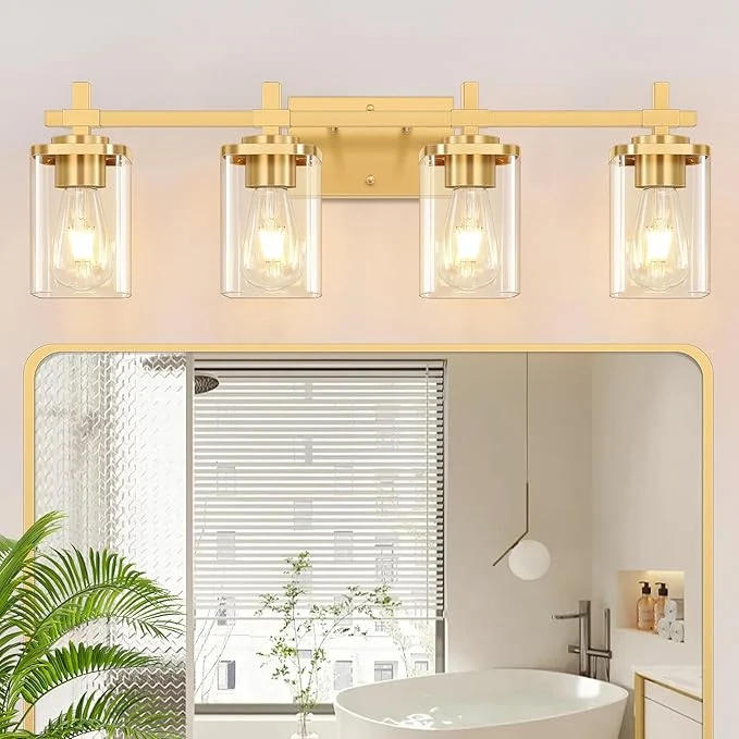 Official 4-Lights Gold Bathroom Vanity Light Over Mirror Brushed Gold Bathroom Wall Stylish