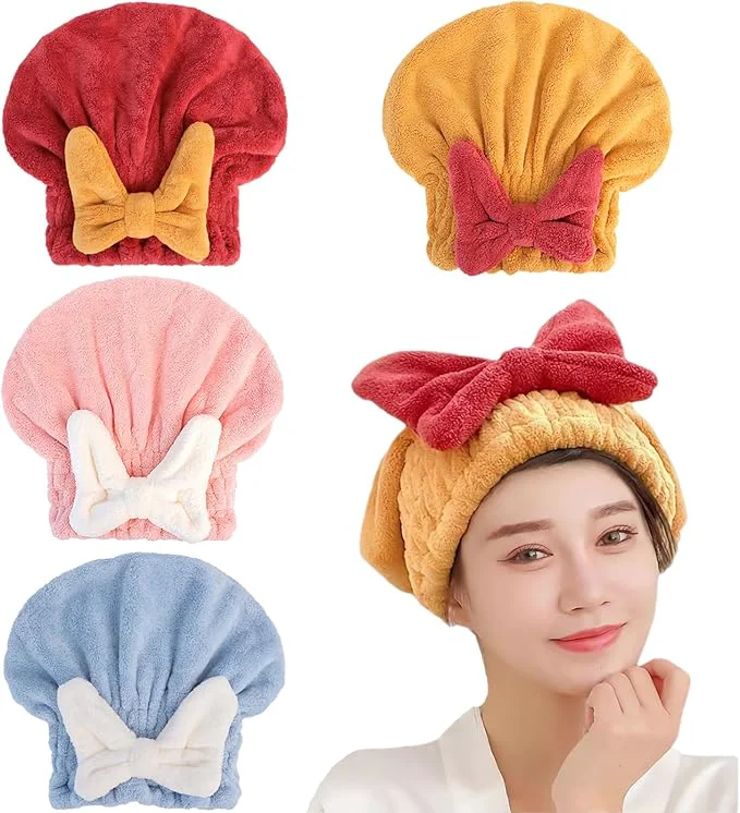 Excellent 4Pcs Microfiber Hair Drying Cap Ultra Absorbent Hair Towel Wrap Turban Practical