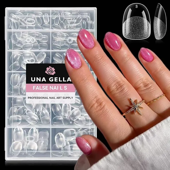 Traditional UNA GELLA Extra Short Oval Nail Tips Pre-Etched Round Clear Fake Nails 216pcs Relaxed