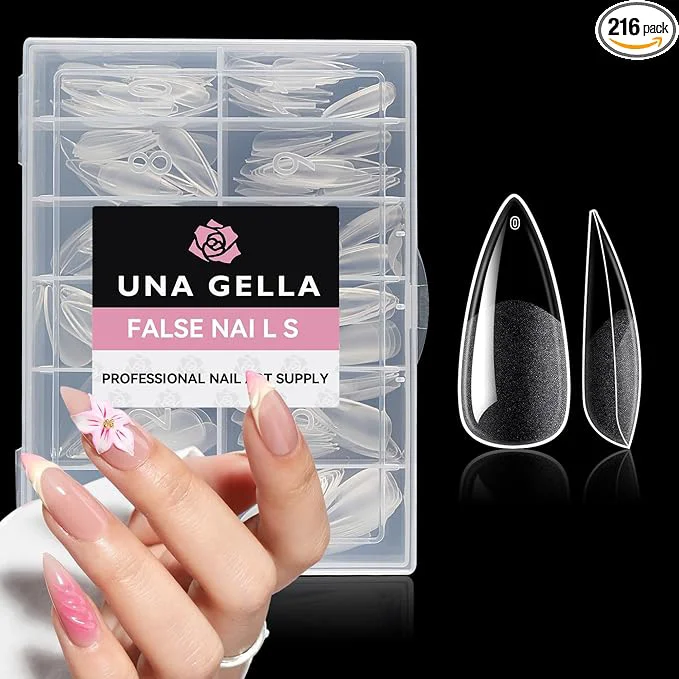 Enhanced UNA GELLA Medium Stiletto Gel Nail Tips Full Cover 216Pcs Almond Shape Nails Easy-to-Use