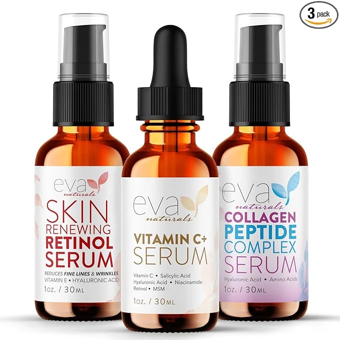 Exceptional Eva Naturals Trifecta Face Serum Set – Retinol Vitamin C Peptides Solid