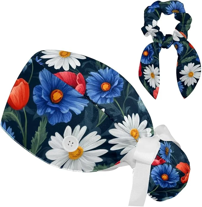Authentic Scrub Cap with Hair Scrunchy Ponytail Holder Surgical Cap Detailed