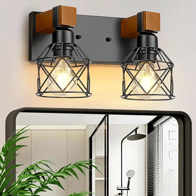 Comfortable 2-Light Farmhouse Bathroom Light Fixtures Over Mirror Rustic Wood Vanity Lights Minimalist