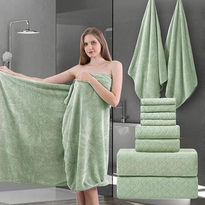 Fine 8-Piece Green Bath Towels Set 2 Oversized Large Bath Towels Sheet 2 Hand Traditional