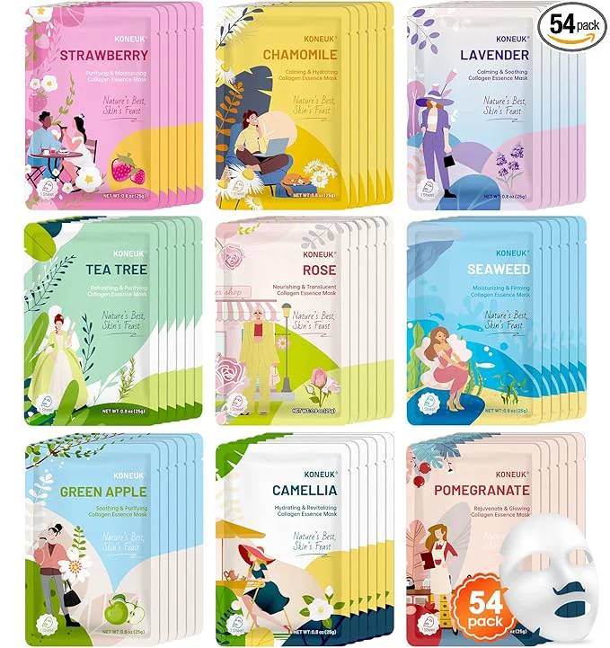 Recyclable 54 Pack Bulk Sheet Face Masks Skincare Hydrating and Moisturizing Face Mask Safe